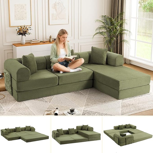 106.3" L Shape Convertible Sleeper Sofa Bed, Oversized Modular Sectional Cloud Sofa with Fixed-Shape Frame & Storage Pocket, Boneless Couch for Living Room, No Assembly Required, Green