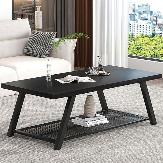 FOLUBAN Black Coffee Table with Storage, Modern Rustic Wood and Metal Coffee Tables for Living Room, 2-Tier Industrial Rectangle Cocktail Tea Table, 47 Inch