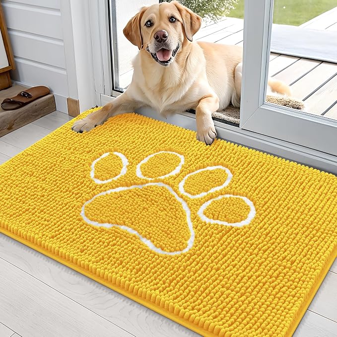 OLANLY Dog Door Mat for Muddy Paws 36x24, Paw Print Design, Absorbs Moisture and Dirt, Absorbent Non-Slip Washable Doormat, Quick Dry Chenille Mud Mat for Dogs, Entry Indoor Entryway Carpet, Yellow by OLANLY