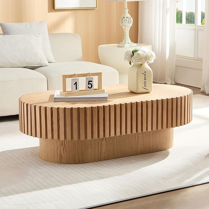 Oak Coffee Table for Living Room Oval Wooden Coffee Table with Pedestal Modern Handcrafted Centre Table Tea Table Easy Assembly 43.7"