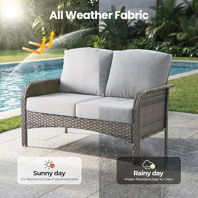 Weaxty Wicker Patio Furniture Set High Back Loveseat Sofa Couch Armchair Coffee Table, All Weather Rattan 4 Pieces Outdoor Conversation Sets for Patio Porch Deck Backyard Poolside, Gray