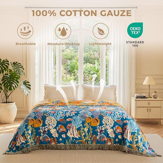 LUTBM Throw Blanket for Bed 100% Cotton Blankets for Bedroom Living Room Spring Twin All Season Underwater Ocean Life Embroidery Reversible Breathable Quilt for Couch Sofa Coastal Home Decor 60"x80"