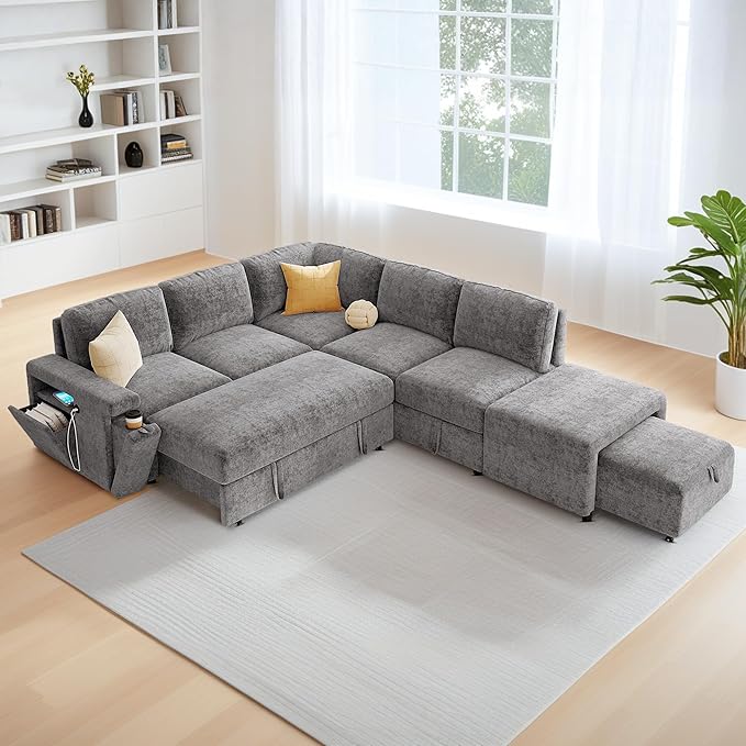 ERYE L-Shaped Multifunctional Sleeper Sectional with Hidden Storage and Cupholders, Modern Pull Out Sleeper Convertible Sofa Bed W/Storage Chaise, Ottoman, USB-C Ports