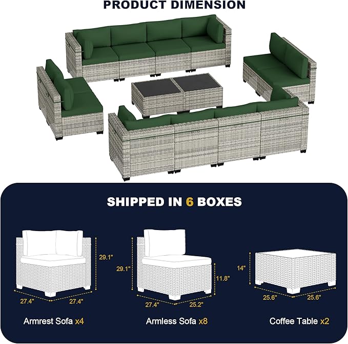 14-Piece Outdoor Patio Furniture Set, PE Wicker Rattan Sectional Sofa Conversation Set with Tempered Glass Table & Thick Cushions - All-Weather Garden, Backyard Furniture, Green