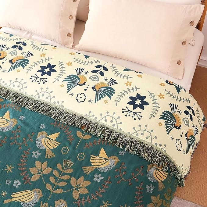 Boho Throw Blanket - 100% Cotton Soft Throw Blanket for Bed, 90"x108" Reversible Breathable Lightweight Spring Blankets, All Seasons Farmhouse Decor Floral Plant Bird Throw Quilt
