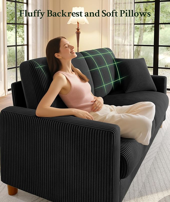70.2" Couches for Living Room, Comfy Black Couch 7.1" Extra Thick Cushion, Sofas for Living Room Tool-Free Setup, Loveseat Sofa 705lbs Support, Corduroy Couch for Bedroom, Apartment, Office