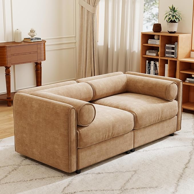 KEIKI 76" Oversized Modular Loveseat Chenille Sectional Sofa with Storage Seat, Modern Style 2-Seater Couch with Cylindrical Backrest and Armrests, Easy Assembly, for Apartment, Living Room, Camel