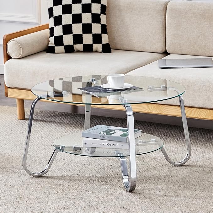 Glass Round Coffee Table for Living Room, 31.5 Inch Tempered Glass Top & Sturdy Metal Frame with Storage Shelf, Modern Small Center Table with 200lb Capacity, Quick & Easy Assembly