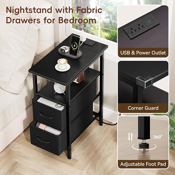 Vagusicc Black Nightstand with Charging Station and LED Lights, Narrow Side Table, LED Night Stand with 2 Fabric Drawers, Bedside Table with USB Ports and Outlets, Tall Nightstand for Bedroom, Black - Image 5