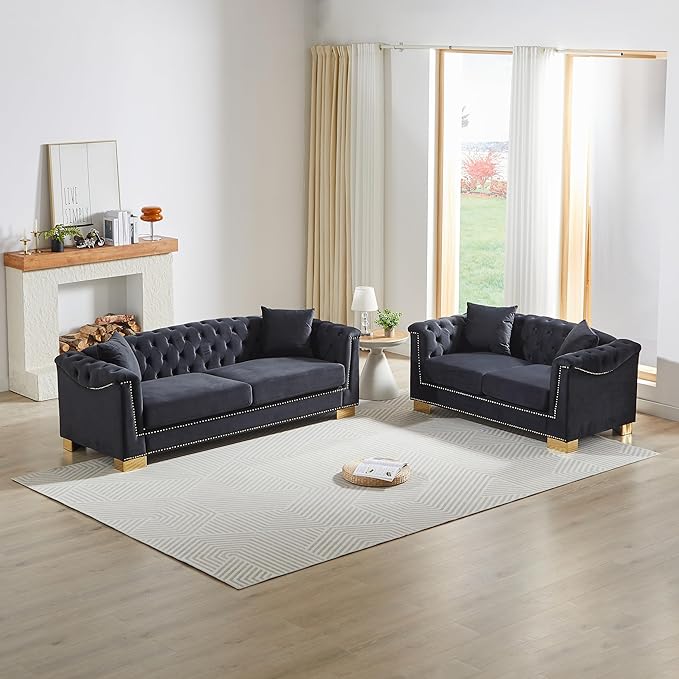 KEIKI Chesterfield Sofa, Retro Style Upholstered 3+2 Seat Couch with Rolled Arm for Living Room Bedroom Office, Black