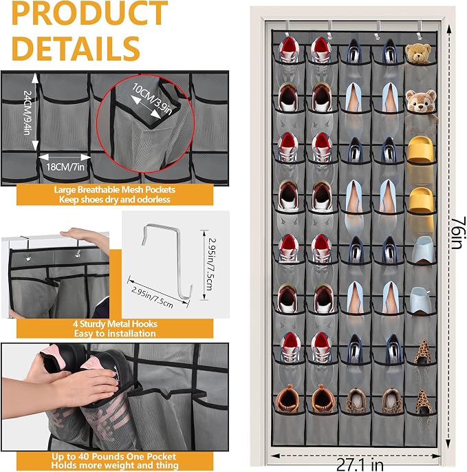 Over the Door Shoe Organizer, 40 Large Mesh Pockets Hanging Shoe Rack Organizer for Closet Behind The Door Storage Holder for Entryway Bedroom Dorm Gray - Image 3