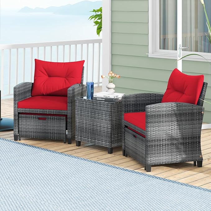 ORALNER 5 Pieces Patio Furniture Set with Ottoman, Wicker Conversation Set w/Cushions, Glass Coffee Table, Outdoor Lounger Rattan Chairs Bistro Set for Porch Balcony Garden Deck Poolside (Red)
