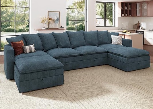 HONBAY Modular Sectional Sofa, 137 Inch U Shaped Corduroy Couch with Storage, Convertible Sectional Sofa with Deep Seat, Blue
