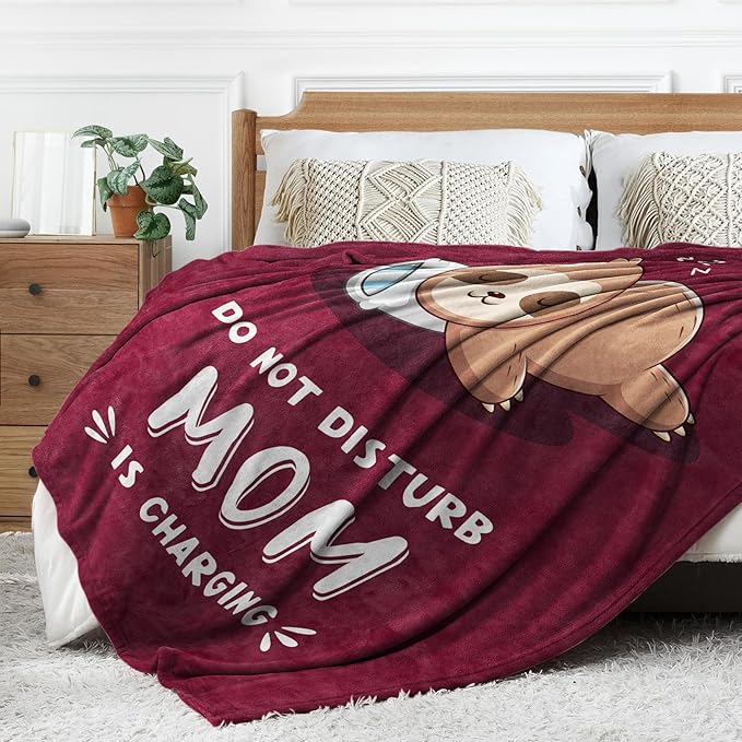 Funny Gifts for Mom Mothers Day, Mom is Charging Sloth Blanket, Birthday Gifts for Moms from Daguther Son, Moms Gift for Christmas, Soft Sloth Throws Blanket for Mother, Burgundy, 60" x 50"