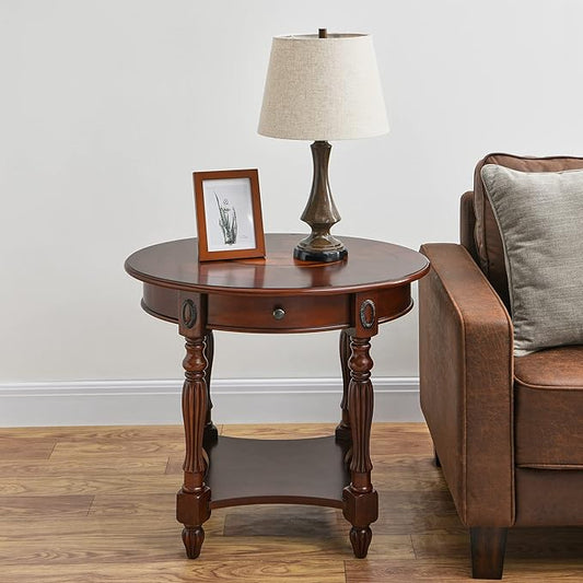 Solid Wood Oval End Table with Drawer and Storage Shelf, Traditional Vintage Side Table Polished Edging Bedside Nightstand for Living Room Bedroom Home, Cherry Walnut