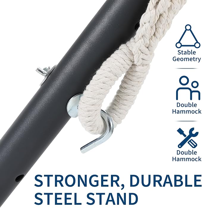 Double Hammock with Steel Stand - 2 Person Hammock Bed Indoor Outdoor, Brazilian-Style, with Carry Bag, 450lb Capacity, Portable & Easy Assembly, Blue&White - Image 3