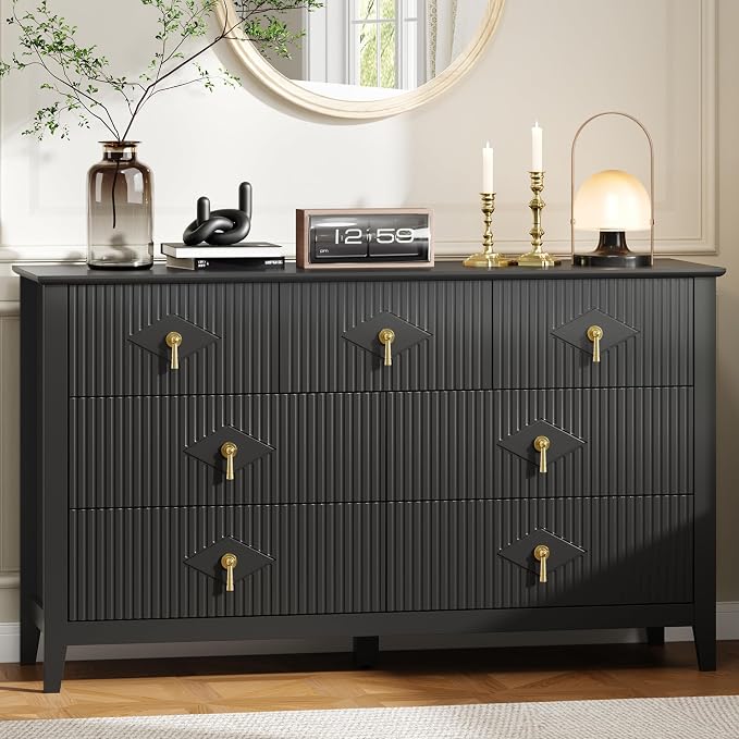 GarveeHome Fluted Dresser for Bedroom, 54 Inch Wide 7-Drawer Wood Dresser, Modern Chest of Drawers, Storage Organizer Cabinet for Living Room, Hallway, Entryway, Black by GarveeHome