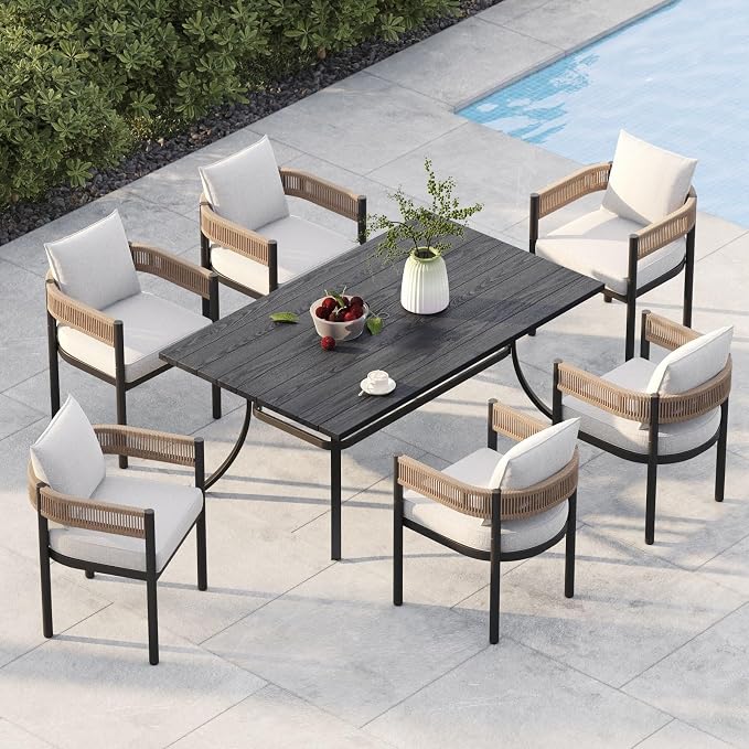 Grand patio Outdoor Dining Set, 7-Piece Patio Table and Chairs Set, Metal Woven Wicker Fixed Patio Chairs with Thickened Cushions & 1 Rectangular Woodgrain Dining Table with Umbrella Hole (Natural) by GrandPatio