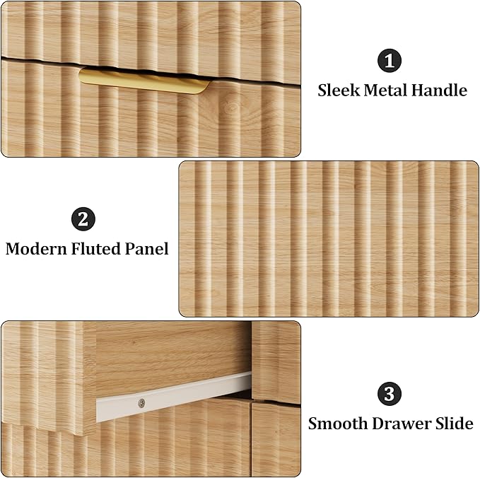 6 Drawer Dresser and Nightstand Sets for Bedroom, Modern Fluted 3 Pcs Bedroom Dresser Furniture Sets, Wood Chest of Drawers and Nightstand Set of 2 with Metal Handles, Natural Oak