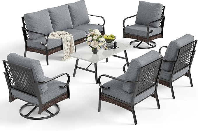6 Piece Metal Outdoor Patio Furniture Set, Patio Conversation Set - 1 3-Seater Sofa and 2 Swivel Sofas with 5.75" Thick Cushions & Coffee Table - Black and Gray Backyard Furniture