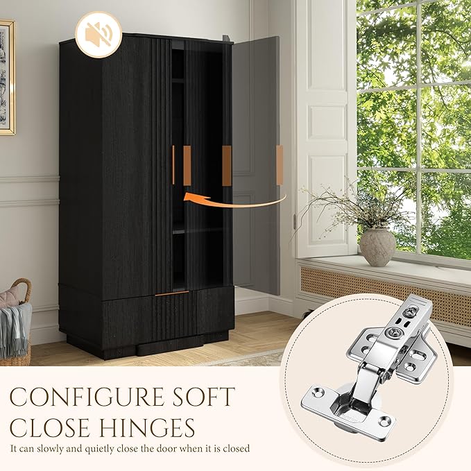 Yechen 67" Fluted Armoire Wardrobe Closet with Doors and Drawer Set of 2, Wooden Wardrobe Closet Cabinet with Adjustable Shelve, Modern Small Armoires Storage Clothes, Coats for Bedroom, 2pcs,Black