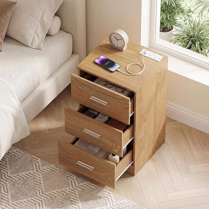 KOMFOTT 3-Drawer Nightstand, Modern Drawer Organizer with Power Outlet, Compact Bedside Storage End Table for Bedroom, Small Spaces (Natural,2) - Image 2