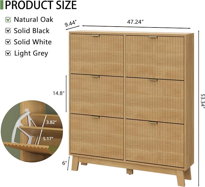 Xixini Shoe Cabinet with 6 Flip Drawers, 54" Tall Narrow Fluted Shoe Storage Organizer for Entryway, Hidden Slim Wooden Shoe Rack Cabinet for Front Door Entrance, Hallway, Living Room, Natural Oak - Image 2