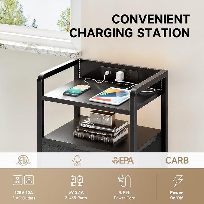 Lazzanto Night Stand Bedside Charger Bedroom - Nightstand with Charging Station & LED Light Strip, Night Stand with Storage Shelf & 3 Fabric Drawers, Morden End Table with U-S-B Ports & AC Outlets - Image 5