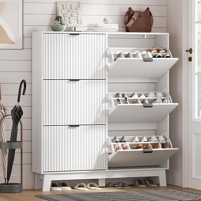 HUANLEGO Shoe Cabinet Storage for Entryway with 6 Flip Drawers, Fluted Narrow Shoe Organizer with Wooden Legs, Freestanding Slim Shoe Storage Hidden Shoe Rack Organizer for Front Door Entrance, White by HUANLEGO