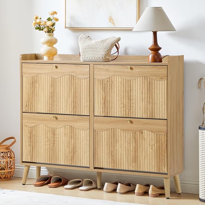 BERRYMERRY 47.2” Shoe Storage Cabinet for Entryway with 4 Flip Drawers, Narrow Shoe Organizer with Wave&Fluted Panel, Freestanding Wood Hidden Shoe Cabinet for Hallway by BERRYMERRYFURNITURE