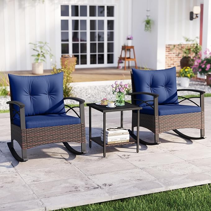 Tangkula 3 Piece Rattan Rocking Chair Set, Patio Rocker Bistro Set w/Acacia Wood Tabletop & Armrests, 2 Outdoor Cushioned Armchairs w/Double-Tier Side Table for Porch, Balcony, Backyard - Image 2