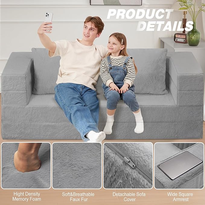 Futon Sofa Bed with Pillow, 3-in-1 Sleeper Sofa Bed with Removable Cover, Convertible Floor Sofa Bed, No Assembly Boneless Couch for Living Room, Bedroom