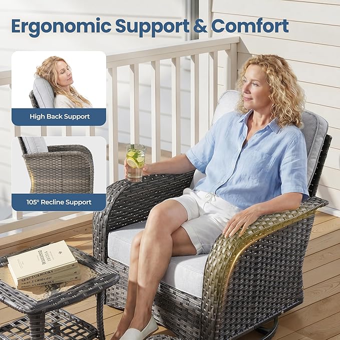 Weaxty Wicker Patio Furniture Set with Swivel Rocker Chairs Outdoor Loveseat Sofa and Rattan Coffee Table, 5 Pieces Outdoor Conversation Sets for Patio Porch Deck Backyard Poolside, Light Gray