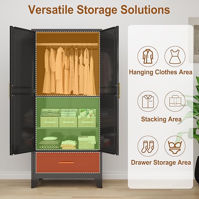 Metal Armoire Wardrobe Closet Storage Cabinet with 2 Doors Black, 71'' Wardrobe Cabinet with Hanging Rod Metal Closet with Adjustable Shelf and Drawer for Bedroom, Laundry Room, Cloak Room