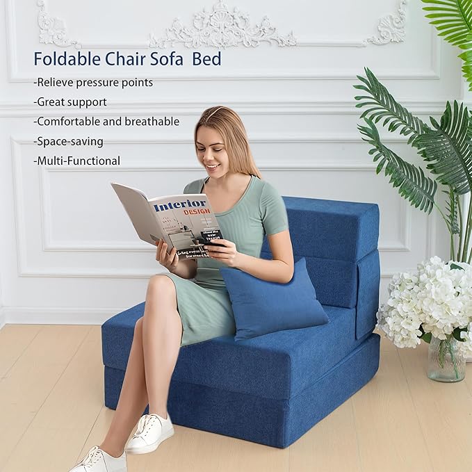 Folding Sofa Bed Chair with Pillow,Convertible Fold Out Chair Bed Sleeper,Foam Floor Mattress, Foldable Futon Couch Bed for Living Room/Dorm/Guest/Office (Blue, Single)