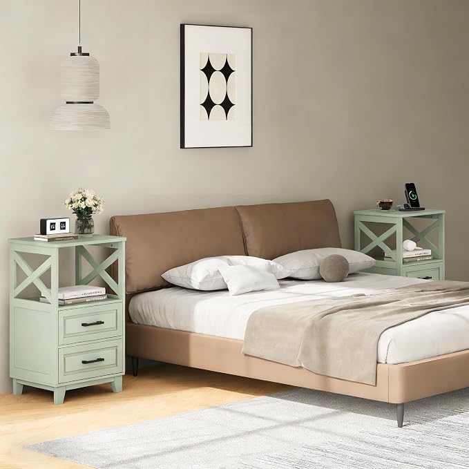 RoyalCraft 30" Tall Nightstand, Modern Painted Bedside Table with 2 Drawers and Open Shelf, Wood Side Table for Bedroom, Home Office, Green-Open Shelf Above, Set of 2 - Image 4