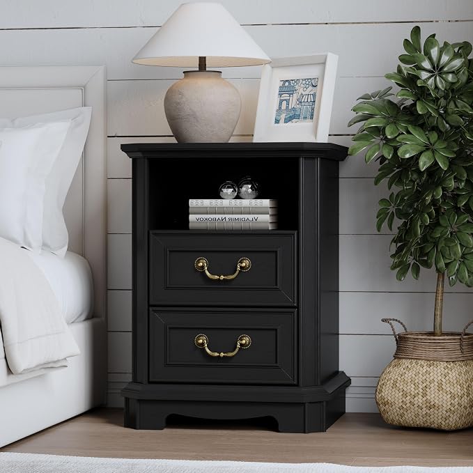 BORNOON 2-Drawer Nightstand with Charging Station, Rustic Wooden Top Bedside Table with Natural Wood Texture, Vintage Storage Organizer Dresser for Bedroom, Hallway by BORNOON