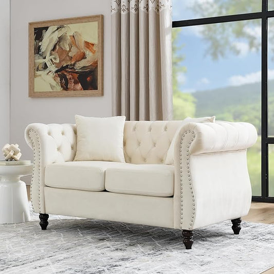 KEIKI Chesterfield Sofa, Retro Style Upholstered 2 Seater Velvet Couch with Rolled Arm for Living Room Bedroom Office Apartment, Beige