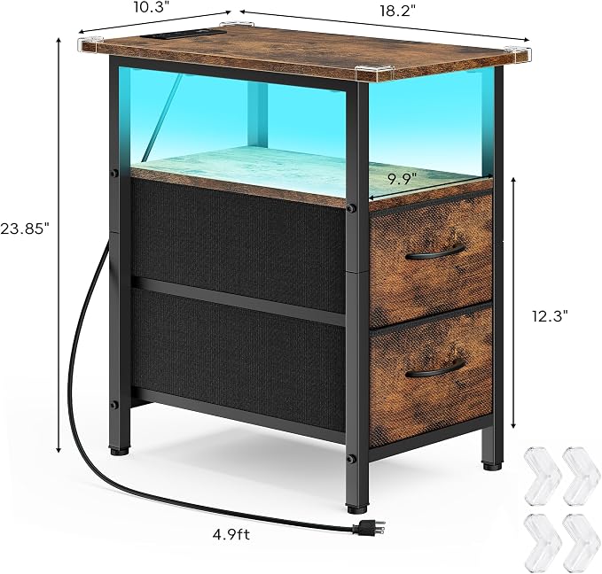 Vagusicc Nightstand with Charging Station and LED Lights, Narrow Side Table, LED Night Stand with 2 Fabric Drawers, Bedside Table with USB Ports and Outlets, Tall Nightstand for Bedroom, Rustic Brown - Image 3