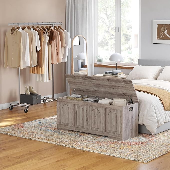 DINZI LVJ Storage Chest, 47.2" Rattan-Like Toy Box with 2 Safety Hinges, Wooden Entryway Storage Bench with Flip-Top, Large Trunk for Living Room, Bedroom, Easy Assembly, Greige - Image 2