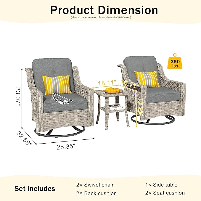 HOOOWOOO 3 Piece Patio Furniture Bistro Sets,Outdoor Wicker Swivel Rocking Chairs with Table Set,All Weather Resistant High Back Rattan Conversation Set(Dark Grey Gray)