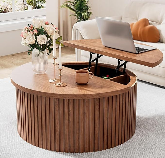 Fluted Lift Top Coffee Table with Hidden Storage, 31.6 Inch Round Coffee Tables for Living Room, Circle Wood Center Tables for Home (Walnut)