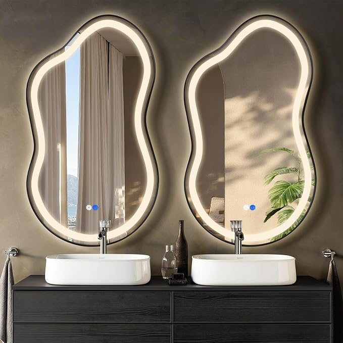 Dorlicecass Irregular Led Bathroom Mirror- Black 20"x36" Single Piece Vanity Mirror with Lights IP54 Enhanced Anti-Fog, 3 Colors Dimmable, Memory,Tempered Glass,UL Listed by Dorlicecass
