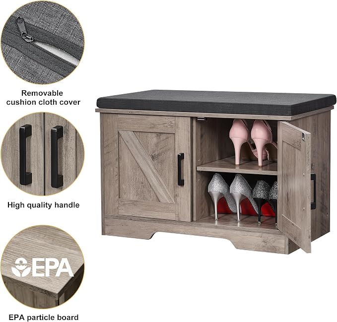 HOMSHO 2-Tier Storage Bench, 27.6" Wide Shoe Bench with Padded Seat Cushion, Entryway Bench with 2 Barn Doors and Adjustable Shelf, Greige - Image 5