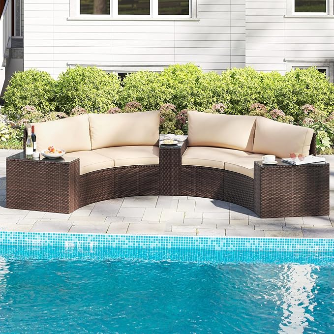 Tangkula 5 Pieces Patio Furniture Set, PE Rattan Half-Moon Curved Sectional Sofas with Tempered Glass Top Side Tables, Outdoor Conversation Set for Porch, Backyard & Poolside (Beige)