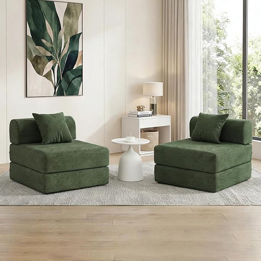 31.5'' Convertible Compressed Corduroy Folding Cloud Sofa Bed Set of 2, 2 Pieces Modern Boneless Pull Out Sleeper Sofa Couch, 3 in 1 Portable Lazy Floor Lounge Chair Set, No Assembly Needed, Green