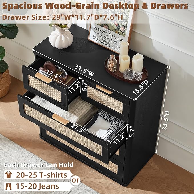 LEYAOYAO Rattan Dresser for Bedroom Set of 2, 33.5" Tall Chest of Drawers, Modern 5 Drawers Boho Dressers with Storage, Light Oak Dresser Wooden Closet Organizer for Living Room, Hallway, Black - Image 2