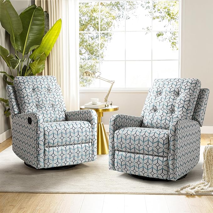 HULALA Home Recliner Chair Set of 2, Modern Printed Fabric for Living Room, Rocker Recliner Sofa Comfy Armchair 360 Degree Swivel, Nursery Rocking Chairs with Adjustable Backrest & Footrest/Ivory
