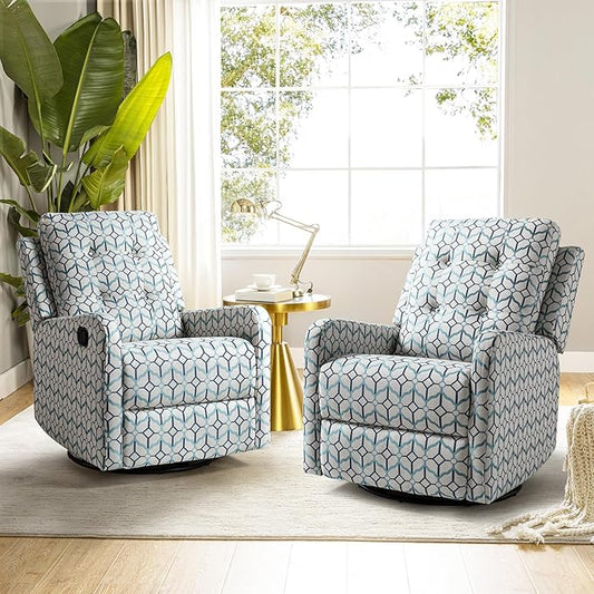 HULALA Home Recliner Chair Set of 2, Modern Printed Fabric for Living Room, Rocker Recliner Sofa Comfy Armchair 360 Degree Swivel, Nursery Rocking Chairs with Adjustable Backrest & Footrest/Ivory
