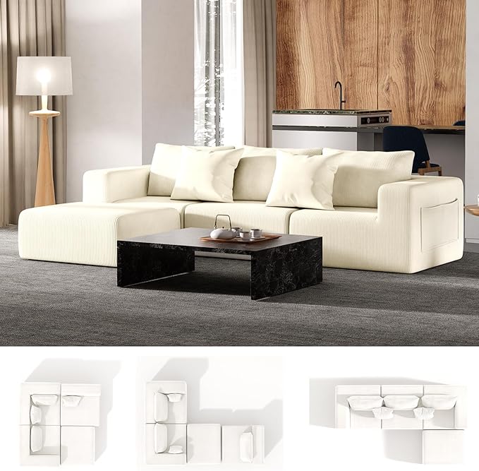 Modern L-Shaped Modular Sectional Sofa for Living Room, Oversized 3 Seaters Boneless Cloud Couch Sectional with Ottoman, Deep Seat, Pockets No Assembly Required (Beige)